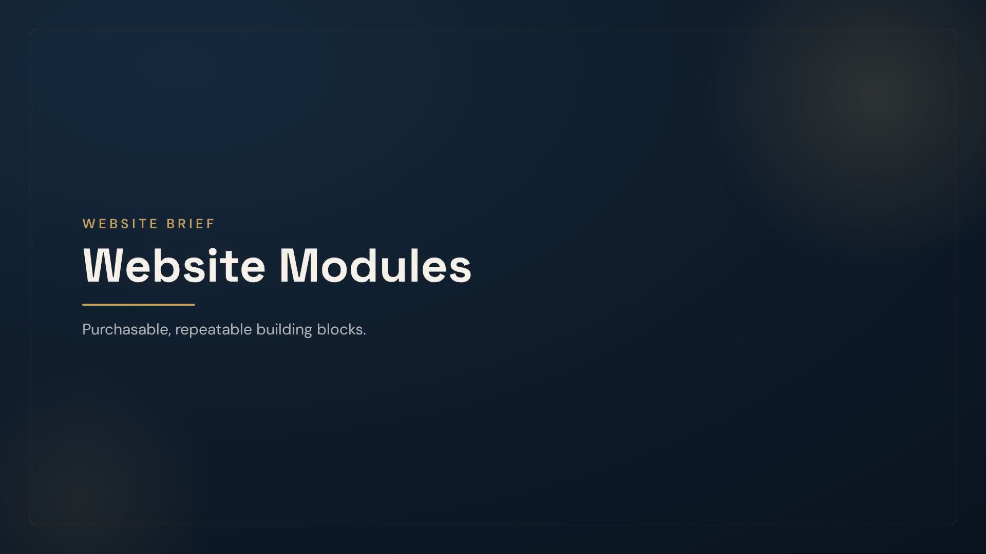 Website Modules — a short branded motion intro explaining purchasable, repeatable website building blocks by BPM.